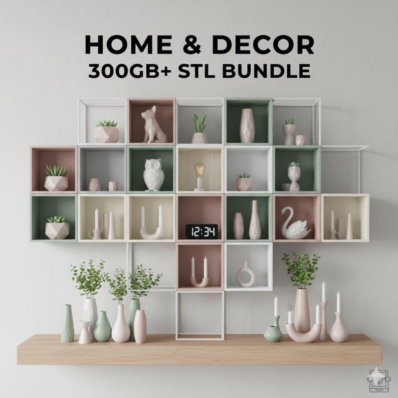 May include: A display of home decor items, including vases, candles, and decorative objects, arranged in a grid of square shelves. The shelves are mounted on a white wall above a wooden shelf. The text "HOME & DECOR 300GB+ STL BUNDLE" is at the top.