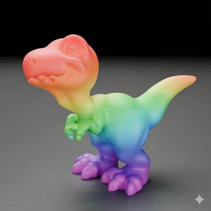 Op de afbeelding: Een kleurrijk Tyrannosaurus Rex beeldje in regenboogkleuren. De dinosaurus heeft een glimlachende uitdrukking en staat op zijn achterpoten. De kleuren lopen over van rood naar paars.
