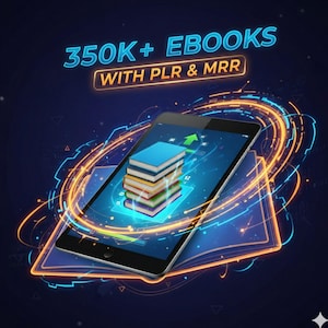 May include: Digital image of a tablet showing a stack of books with a green arrow. The tablet is encircled by a neon blue and orange design. The text at the top says "350K+ EBOOKS WITH PLR & MRR".