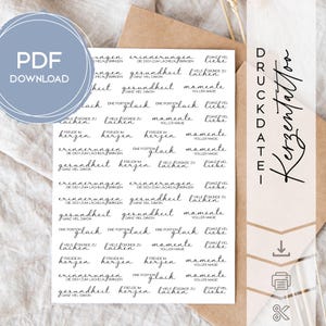 May include: A sheet of printable candle tattoos with various German phrases in elegant script. The phrases include words like "memories," "health," and "love." A PDF download icon is visible in the upper left corner. The words are in black ink.