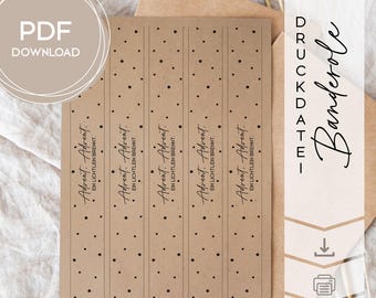 May include: Kraft paper strips with black text reading "Advent. Advent. EIN LICHTLEIN BRENNT." and small star patterns. The words "PDF DOWNLOAD" are in a circle in the upper left. The words "DRUCKDATEI Banderole" are on the right side.