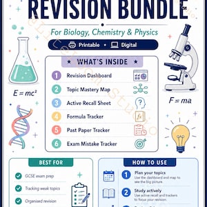 May include: A revision bundle for GCSE Science, covering Biology, Chemistry & Physics. Includes printable and digital resources. Features a revision dashboard, topic mastery map, formula tracker, and more. Best for exam prep and organized revision.