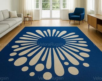 Modern Blue Abstract Sunburst Rug, Scandinavian Area Carpet for Living Room, Minimalist Statement Floor Decor