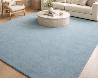 May include: A large, light blue area rug dominates the foreground of a living room scene. The rug's texture is visible, and it covers most of the hardwood floor. A white sofa, chair, and coffee table are in the background, creating a cozy atmosphere.