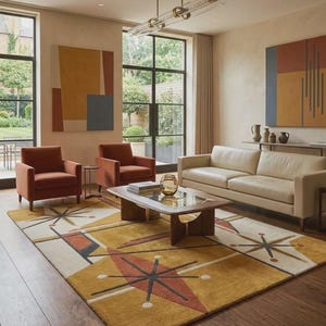 May include: A living room with a mid-century modern aesthetic. The room features a cream-colored sofa, two rust-colored armchairs, and a patterned rug with geometric shapes in shades of gold, orange, and black. Large windows and abstract art complete the space.