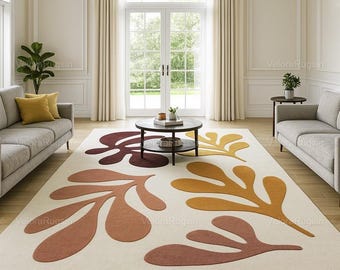 Alfombra abstracta moderna con hojas: alfombra botánica en tonos tierra cálidos para sala de estar, dormitorio y decoración del hogar.