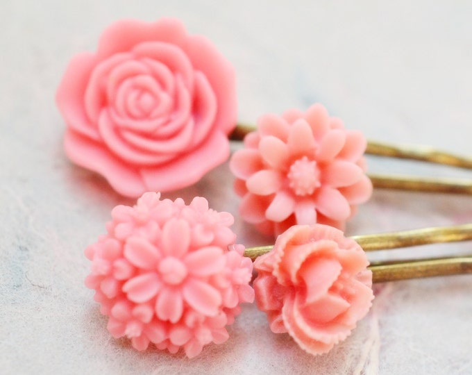 Coral Pink Flower Bobby Pins,bobby Pin Set, Rose Flower Hair Clips,pink