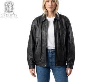 Vintage 90s Black Leather Bomber Jacket for Women, Oversized Boyfriend Fit Y2K Aviator Grunge Streetwear