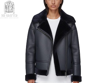 Lauren Faux Fur Shearling Biker Leather Jacket for Women, Handcrafted Winter Essential Soft Warm Stylish Jacket