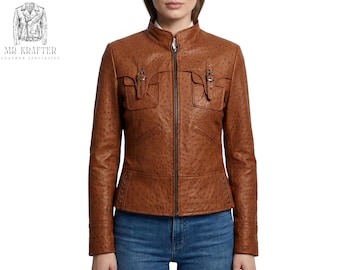 Women's Tan Ostrich Leather Moto Jacket – Exotic Biker Jacket with Buckle Pockets, Zippered Cuffs & Corset Back
