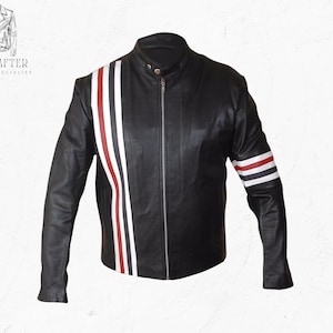 May include: Black leather jacket with a stand-up collar and a front zipper. The jacket features white and red stripes down the left side and on the left sleeve. The brand name "MR KRAFTER LEATHER SPECIALIST" is in the upper left corner.