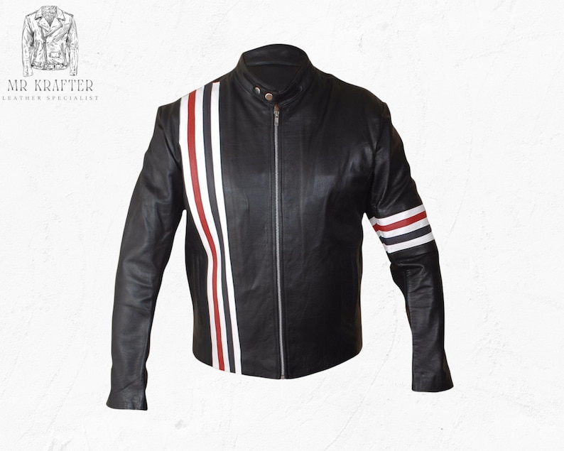 May include: Black leather jacket with a stand-up collar and a front zipper. The jacket features white and red stripes down the left side and on the left sleeve. The brand name "MR KRAFTER LEATHER SPECIALIST" is in the upper left corner.