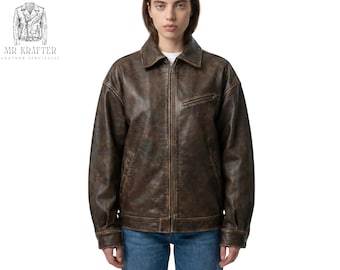 Vintage 90s Brown Distressed Leather Jacket for Women, Oversized Boxy Bomber Fit Y2K Aviator Streetwear