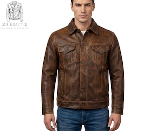 Mens Distressed Brown Leather Trucker Jacket, Vintage Western Button Front Style, Rugged Casual Real Leather Outerwear