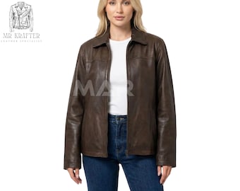 Vintage Brown Leather Jacket for Women | Distressed 90s Zip Up Moto Style with Shirt Collar Winter Essential