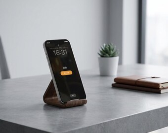 Soporte de madera para teléfono de nogal / Soporte minimalista para teléfono de escritorio / Soporte para iPhone y iPad / Base para smartphone de mesilla de noche / Accesorio de escritorio de madera