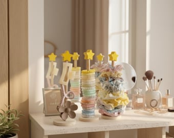 Organizador de gomas para el pelo / Organizador de pulseras / Organizador de cintas y pinzas para el pelo con forma de estrella / Organizador de escritorio de madera natural (regalo)