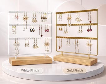 Soporte para pendientes, organizador de joyas moderno con base de madera, oro blanco.