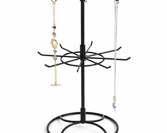 Soporte giratorio para joyas de 2 niveles, organizador metálico para collares, pendientes y anillos.