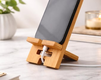 Soporte minimalista de madera para teléfono / Base de soporte de bambú para móvil / Soporte de escritorio para teléfono / Soporte para iPhone / Base de carga