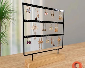 Expositor de pendientes grande de metal - Organizador de joyas colgante con base de madera
