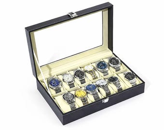 Caja organizadora de relojes de cuero con tapa de vidrio / Estuche con cerradura / Caja de exhibición de relojes