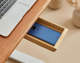 Cajón de escritorio oculto de bambú, organizador debajo del escritorio, cajón adhesivo de madera, almacenamiento minimalista para la oficina, almacenamiento secreto para el espacio de trabajo.