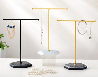 Soporte para collares dorados, expositor de joyas con barra en T ajustable y base de mármol, organizador de collares, soporte para joyas para mujer (regalo)