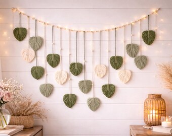 Tapiz de pared de macramé con forma de hoja hecho a mano / Decoración de pared bohemia / Arte de pared de algodón neutro / Tapiz de pared tejido grande