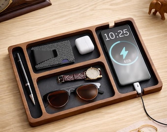 Organizador de escritorio de madera con soporte para teléfono, bandeja organizadora de madera maciza para hombre, soporte para reloj, cartera y gafas, organizador de mesita de noche, regalo para él.