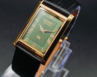 Reloj de pulsera vintage Seiko Slim Tank de cuarzo para hombre, rectangular, esfera verde