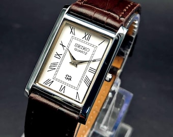 Vintage Seiko Slim Tank Style Quartz Men's Wrist Watch, Rectangle Watch, White Dial