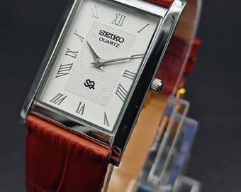 Seiko Slim Tank Style Quartz Men's Wrist Watch, Rectangle Watch, White Dial