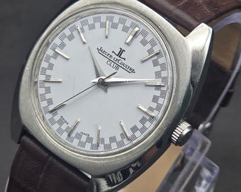 Montre Jaeger-LeCoultre Club vintage suisse : JLC blanche à remontage manuel restaurée, bracelet en cuir marron