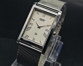 Vintage Seiko Slim Tank Style Quartz Men's Wrist Watch, Rectangle Watch, White Dial