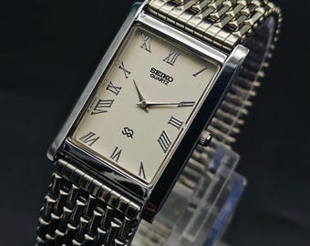 Vintage Seiko Slim Tank Style Quartz Men's Wrist Watch, Rectangle Watch, White Dial