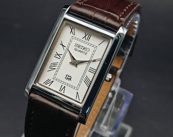 Vintage Seiko Slim Tank Style Quartz Men's Wrist Watch, Rectangle Watch, White Dial