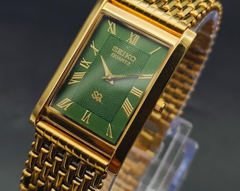 Reloj de pulsera vintage Seiko Slim Tank de cuarzo para hombre, rectangular, esfera verde