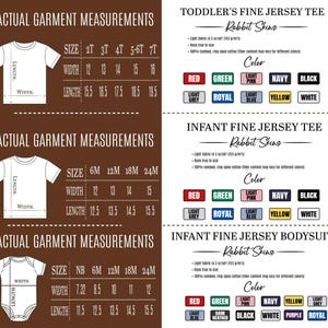 May include: Detailed garment measurement chart for toddler and infant apparel, including t-shirts and bodysuits. The chart displays sizes, widths, and lengths in inches, along with a colour palette for each garment. The brand is Rabbit Skins.