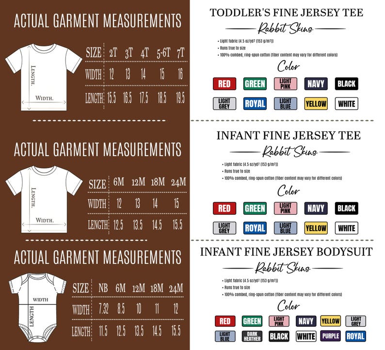 May include: Detailed garment measurement chart for toddler and infant apparel, including t-shirts and bodysuits. The chart displays sizes, widths, and lengths in inches, along with a colour palette for each garment. The brand is Rabbit Skins.