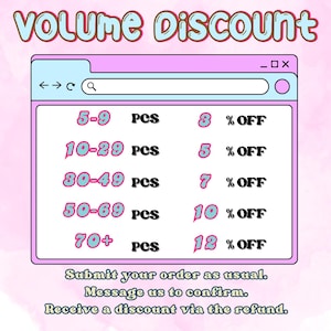 May include: A graphic advertising volume discounts, presented in a pink and purple interface design. The text "VOLUME Discount" is at the top. The graphic details discount percentages for orders of 5 or more items. Instructions are included at the bottom.
