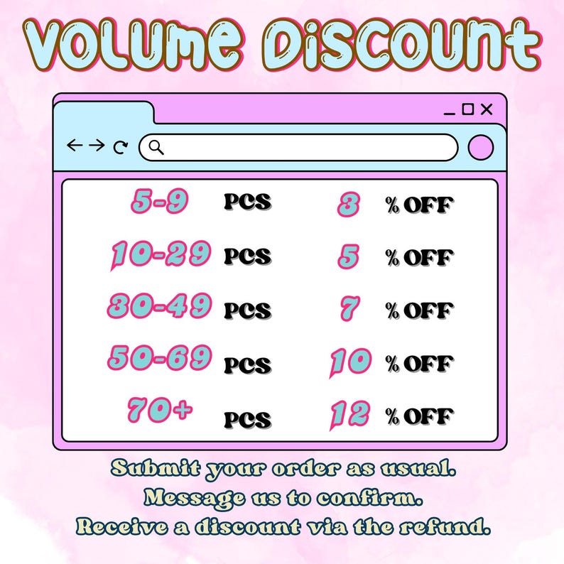 May include: A graphic advertising volume discounts, presented in a pink and purple interface design. The text "VOLUME Discount" is at the top. The graphic details discount percentages for orders of 5 or more items. Instructions are included at the bottom.