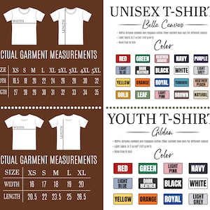 May include: A graphic showing unisex and youth t-shirt size charts with measurements in inches. The charts include size, width, and length for various sizes, along with a colour palette for each shirt type.