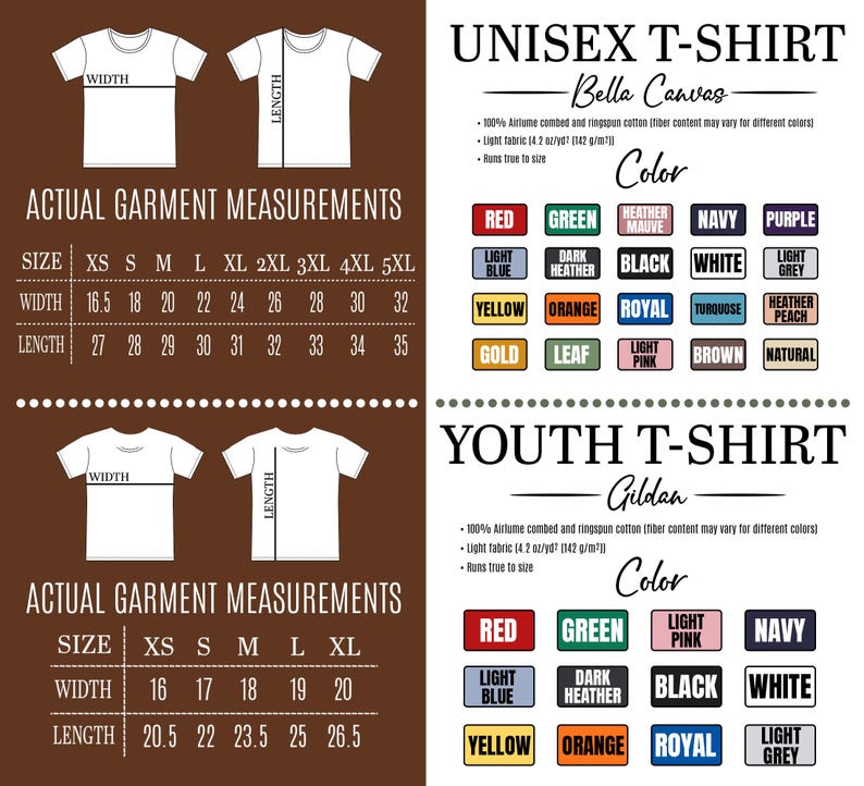 May include: A graphic showing unisex and youth t-shirt size charts with measurements in inches. The charts include size, width, and length for various sizes, along with a colour palette for each shirt type.
