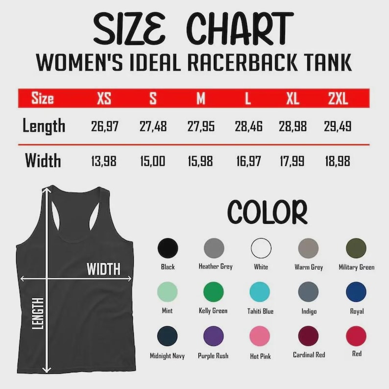 May include: Size chart for a racerback tank top, with measurements in centimetres for length and width. Sizes range from XS to 2XL. The colour options include black, heather grey, white, and various other shades.
