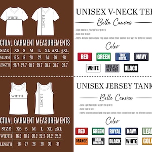 May include: Size charts for unisex V-neck tees and jersey tanks, showing measurements for width and length. The image includes colour options such as red, green, and navy. The text includes "Bella Canvas". Measurements are in inches.