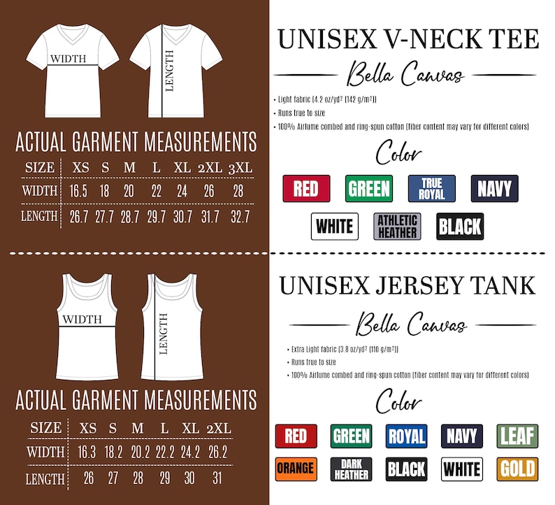 May include: Size charts for unisex V-neck tees and jersey tanks, showing measurements for width and length. The image includes colour options such as red, green, and navy. The text includes "Bella Canvas". Measurements are in inches.