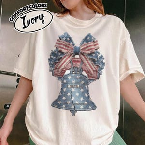 Denim Patchwork Liberty Bell Bow Shirt 2026: Vintage Patriotic Independence Day Tee JDMZ09-2
