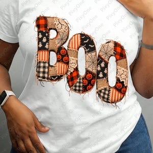Halloween Boo PNG | Patchwork Ghost Pumpkin Bat Letters | Rustic Spooky Season Design for Halloween Party Signs | Instant Download