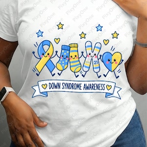 May include: A white t-shirt featuring a graphic of a blue and yellow awareness ribbon, two patterned socks, a chromosome with the number 21, and a heart. Below the characters is a banner with the text DOWN SYNDROME AWARENESS and small hearts.